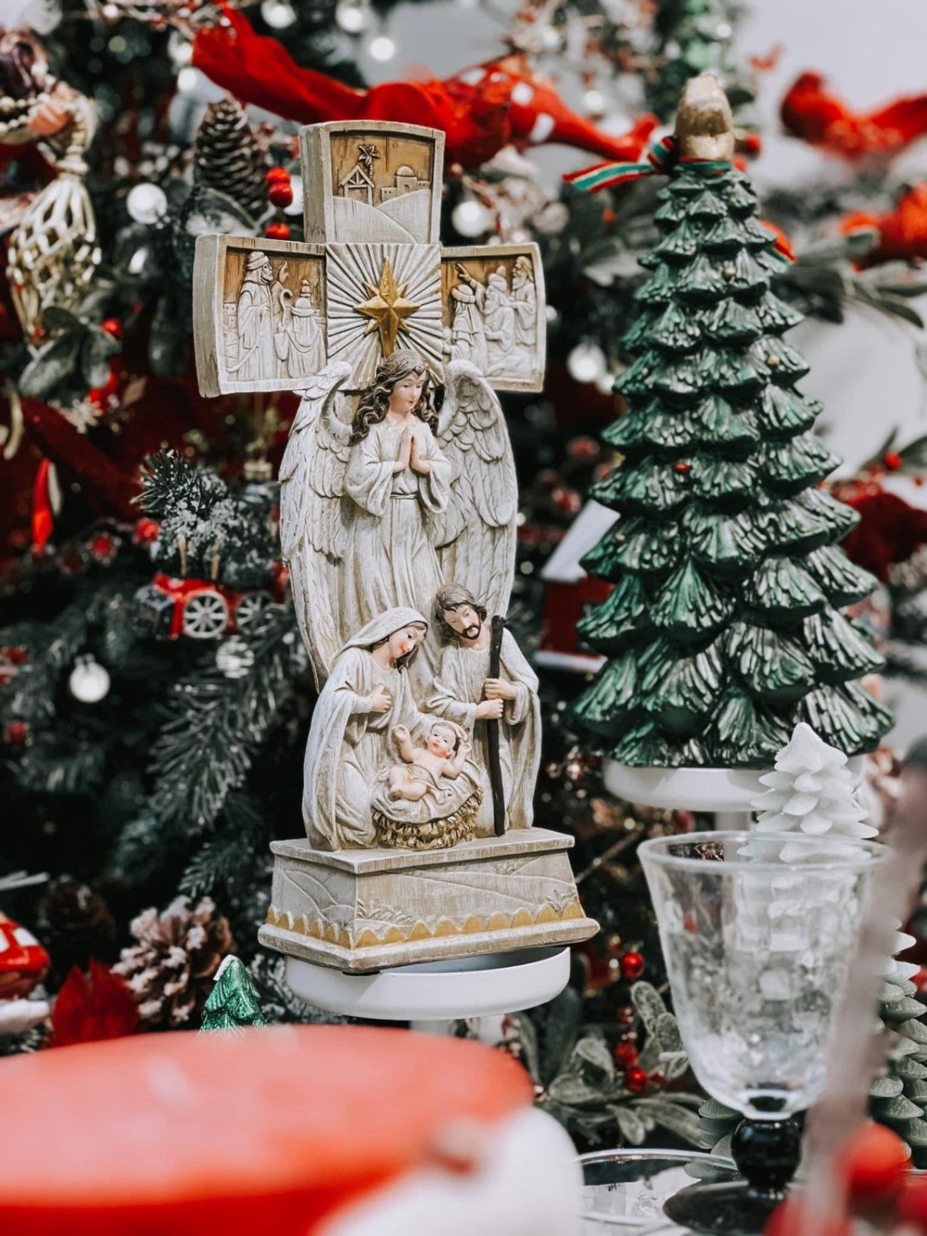 Holy Family Nativity Scene with Cross and Angel, Christmas Religious Figurine, Mary Joseph Baby Jesus Decor, Faith Home Display, Gift Idea